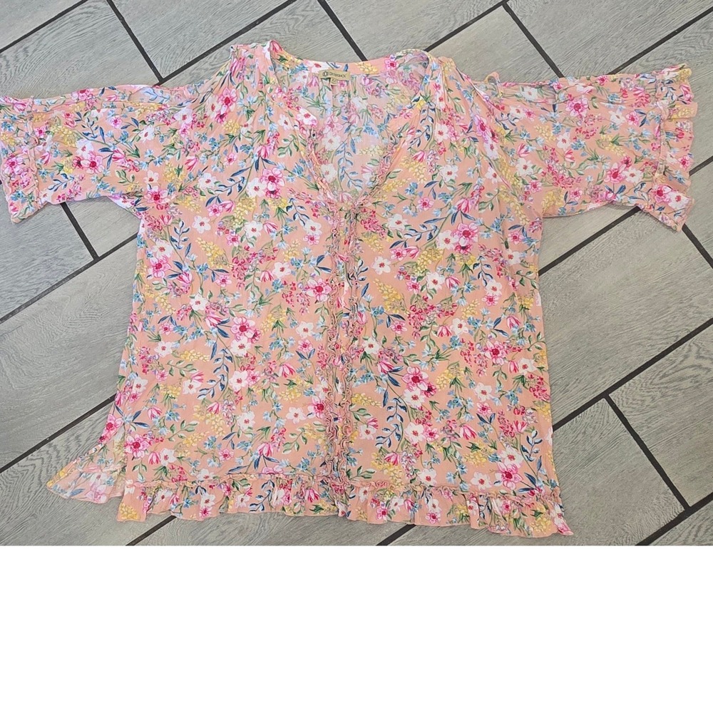 Democracy Floral Cold Shoulder Ruffle Trim V-Neck Top Peach Pink XL